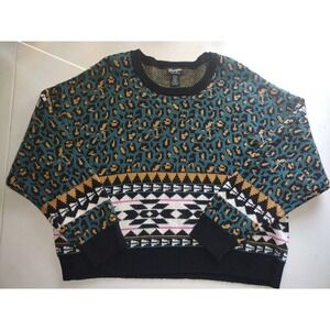 Wrangler Retro Womens Leopard Southwestern Mix Knit Sweater Teal Black L